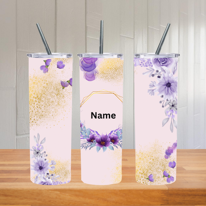 Thermobecher "Lila Gold Blumen + Namen"